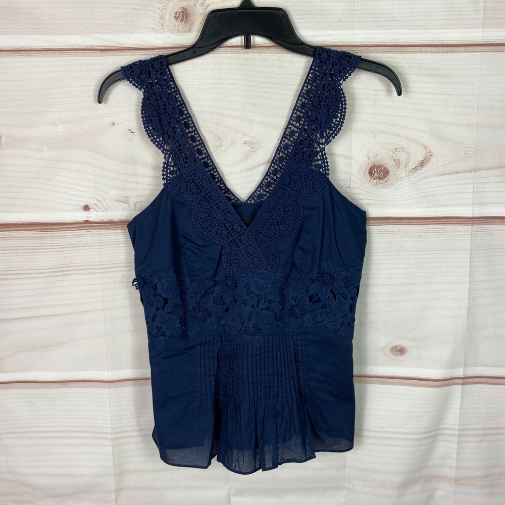 J. Crew Collection Top Womens 00 Blue Sleeveless Blouse V-Neck Tank Lace Strap‎